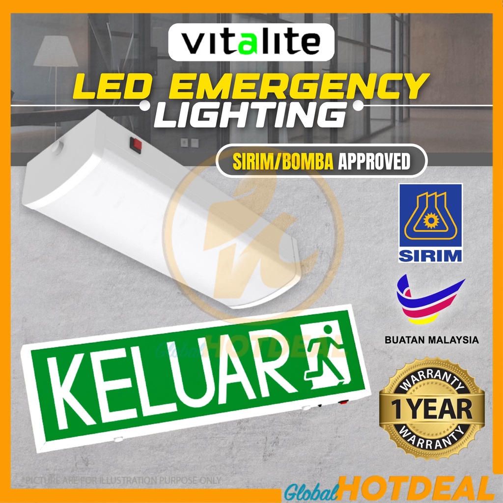 VITALITE LED Emergency Light KELUAR Sign / SURFACE Emergency Luminaire JKR BOMBA SIRIM Approved
