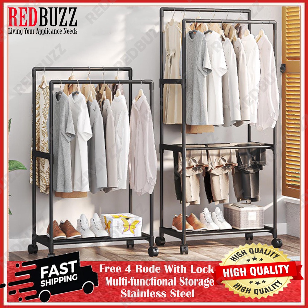 REDBUZZ Double pole wheeled clothes drying rack multilayer storage