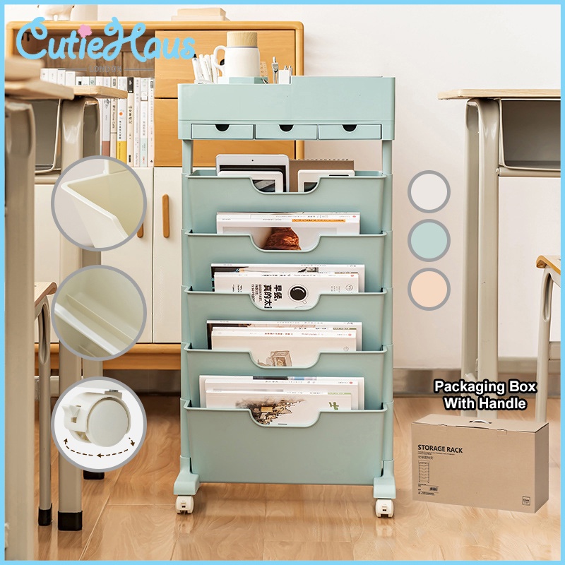 Cutiehaus 5 Tier Movable Book Storage Rack With Drawers Multifunctional ...