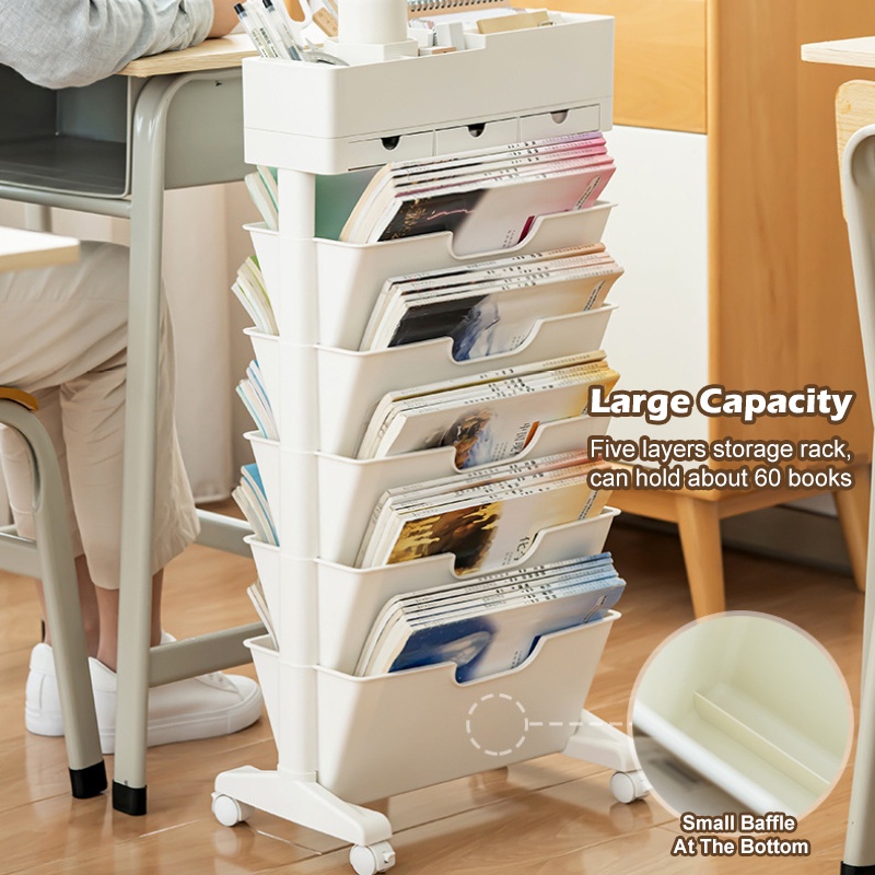 SKOI 5 Tier Movable Book Storage Rack With Drawers Multifunctional ...