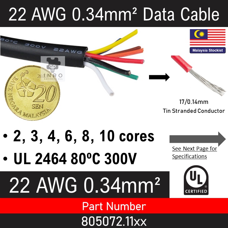 [22 AWG 0.34mm2] 1 meter, 2C 3C 4C 5C 6C 7C 8C 9C 10C cores Non ...