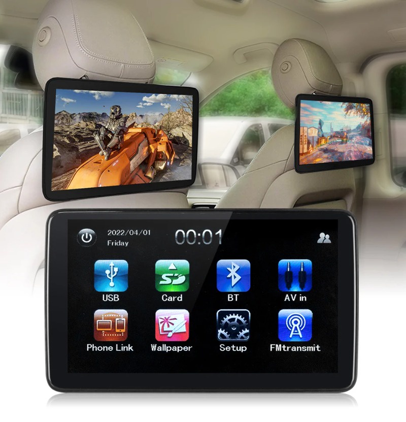 10.1" Car Headrest Monitor With Touch Screen - Wireless CarPlay, Android Auto, USB Playback For Back Seat