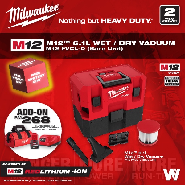 Milwaukee M12 FVCL Fuel Vacuum Wet & Dry 6.1L / Brushless Motor