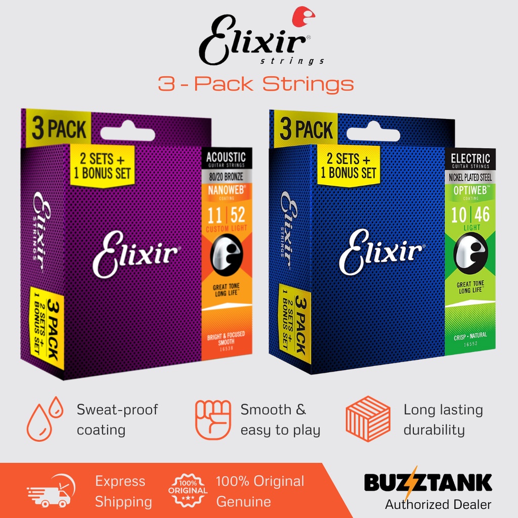 Elixir 3 Pack Guitar strings Optiweb Nanoweb Nickle Phosphor