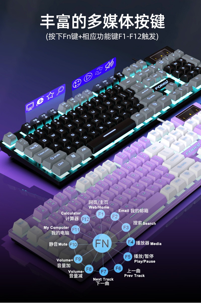 AO Home Forev FV-Q8 Wired Colorful Gaming Keyboard Silent Button ...