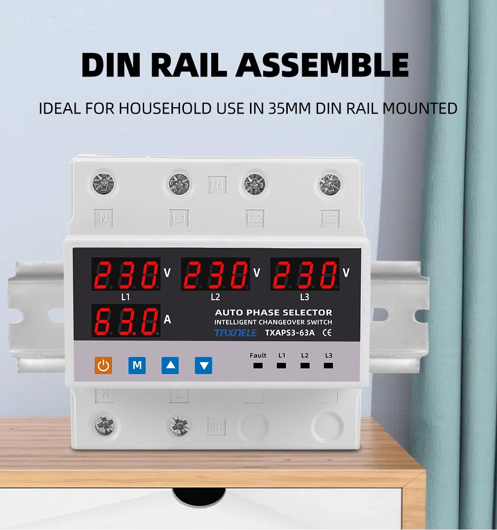 63A 3 phase 3P+N Din rail phase selector adjustable Over and Under ...