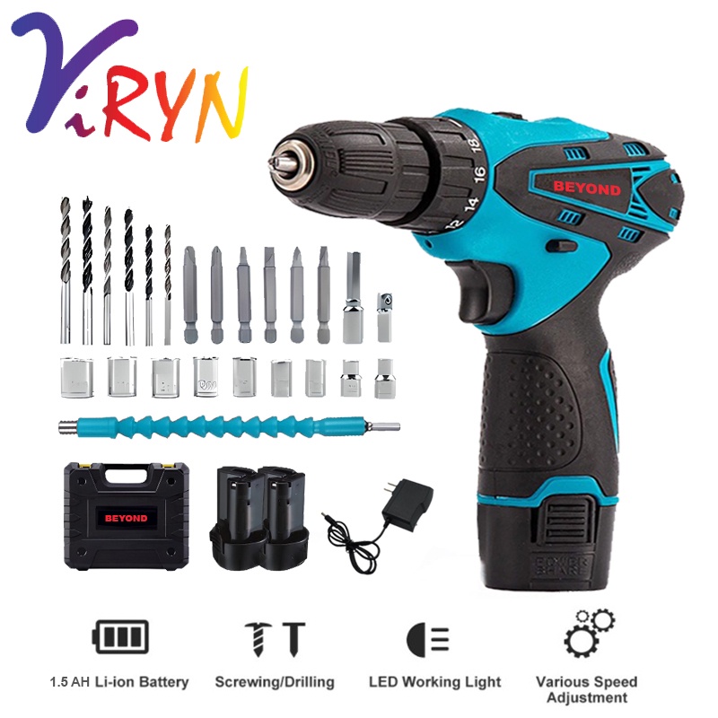 12V Cordless Straight Handle Electric Screwdriver Drill – Rechargeable Li-Ion, 2 Batteries, 0-1500 RPM, 0-50Nm