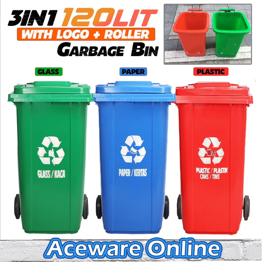 3PCS 120L Outdoor Trash Bin Tong Sampah Bertutup Besar Hijau Large ...
