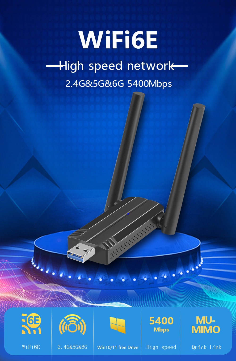 5400Mbps WiFi 6E Network Card USB 3.0 WiFi Adapter Tri-Band 2.4G 5G 6G ...