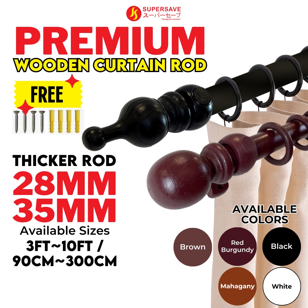 SUPERSAVE 35 / 28mm Solid Wooden Curtain Rod Batang Langsir Kayu Wood Rod Heavy Duty Kayu Rods