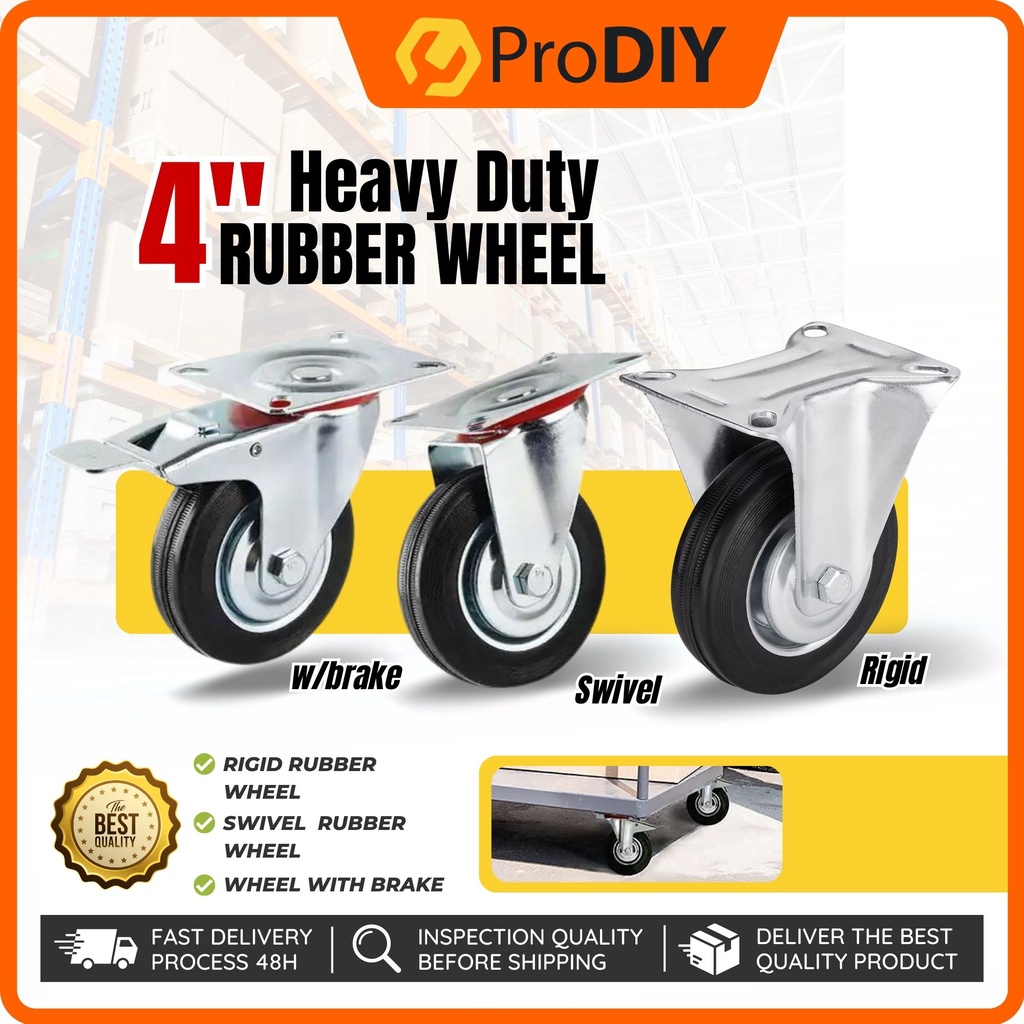 4 INCHI Heavy Duty Rubber Wheel Rigid Swivel With Brake 360 Degree ...