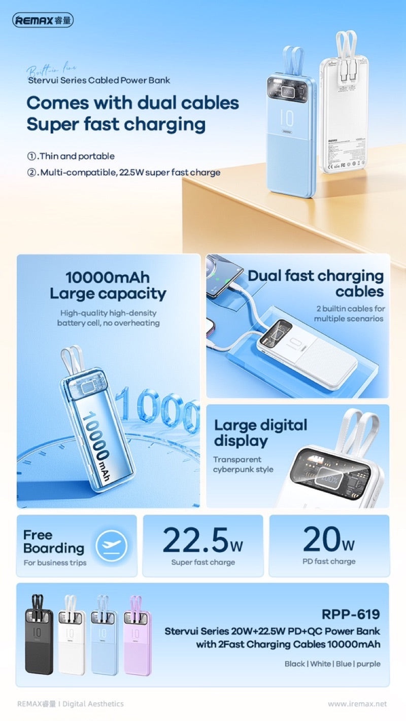REMAX RPP-619 10000mAh STERVUI 20W+22.5W PD+QC Powerbank WITH 2 FAST ...