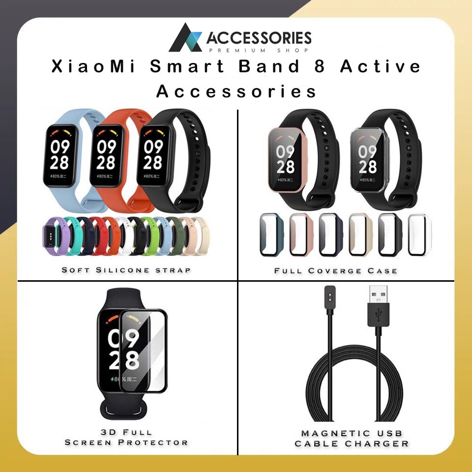 Mi Smart Band 8 Active Silicone Strap, 3D Full Screen Protector ,Hard Pc  Case With Tempered Glass ,Magnetic USB Charger