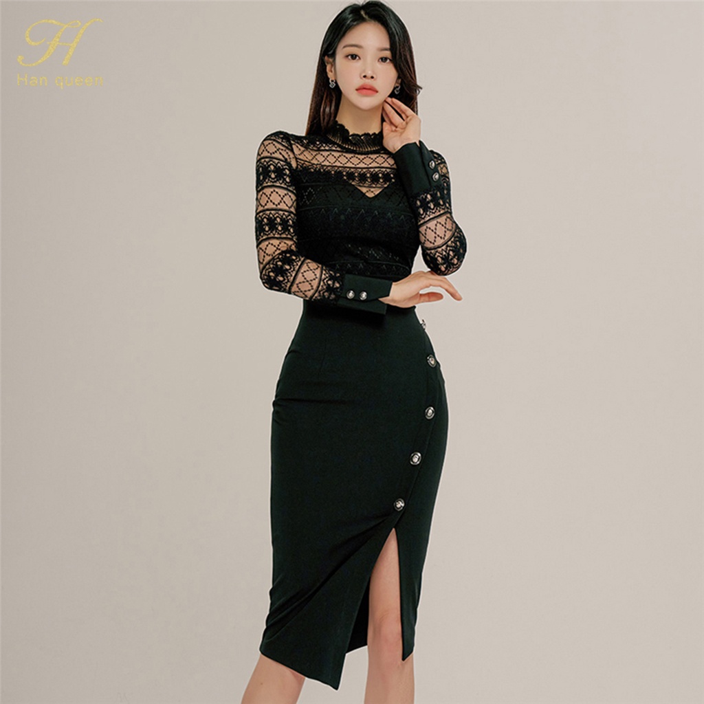 H Han Queen 2024 Spring Elegant Fashion Lace Patchwork Vintage Pencil ...