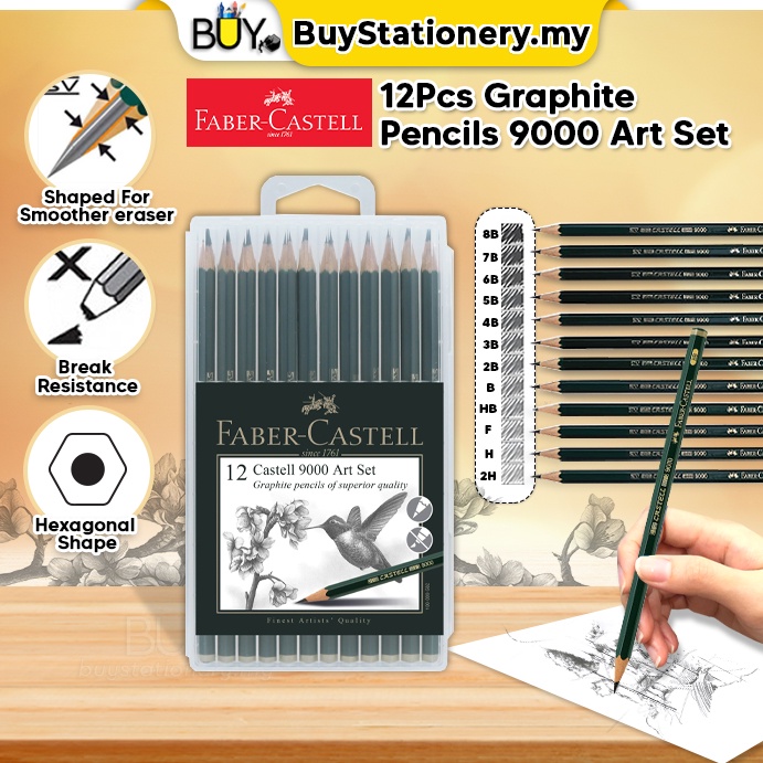 Faber Castell 9000 Graphite Pencil Sketch Drawing Pencil Art Set - (12s/Box)  Pensel Tulis Lukis Seni Sketching Writing