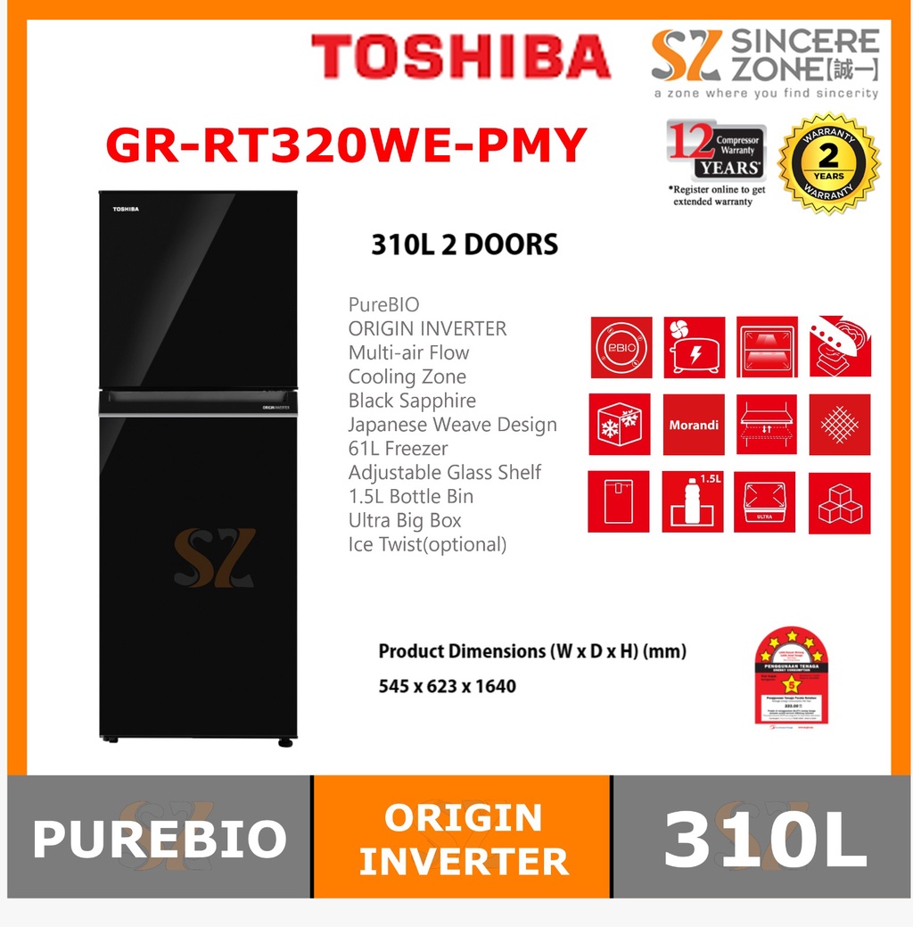 Toshiba GRRT320WEPMY 310L 2 Doors Origin Inverter / PureBIO (Urban