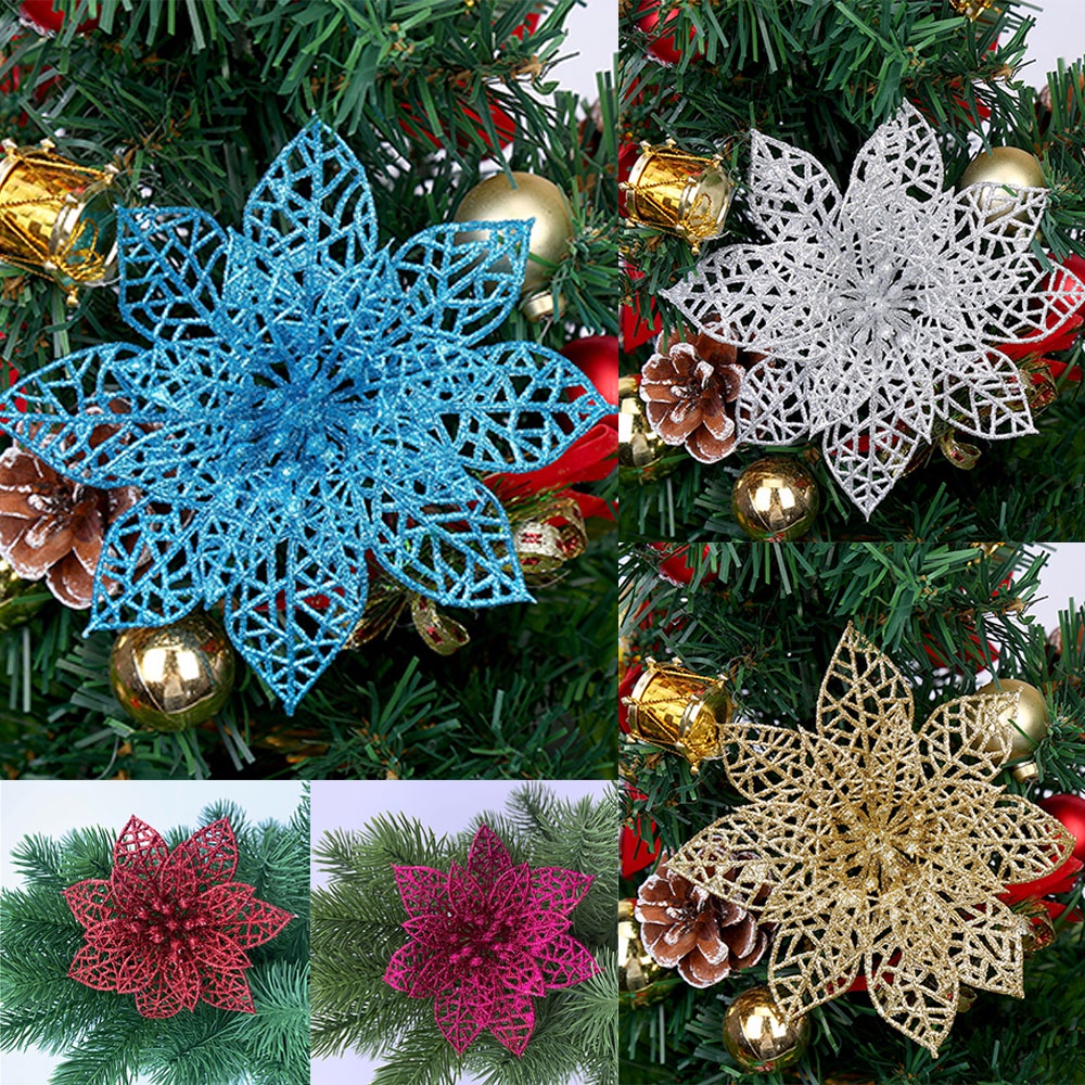 KSD 10x Glitter Poinsettia Flower Christmas Wreath Tree Decorations ...