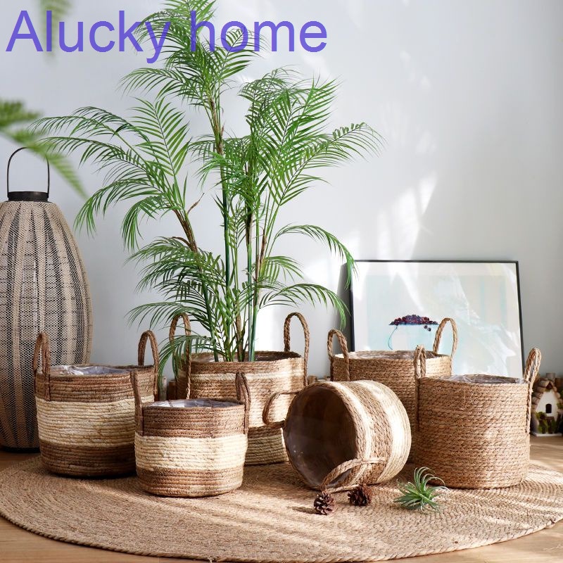 Rattan Basket Handmade Rattan Flower Pot Nordic Rustic Wicker Straw ...