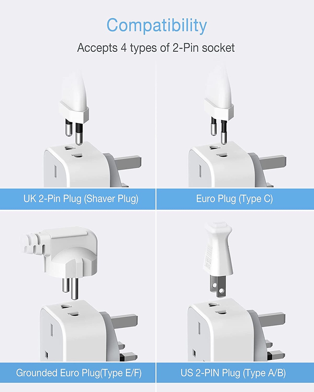 TESSAN Multi 2 Pin To 3 Pin Power Socket Plug Adaptor,Shaver Adapter ...