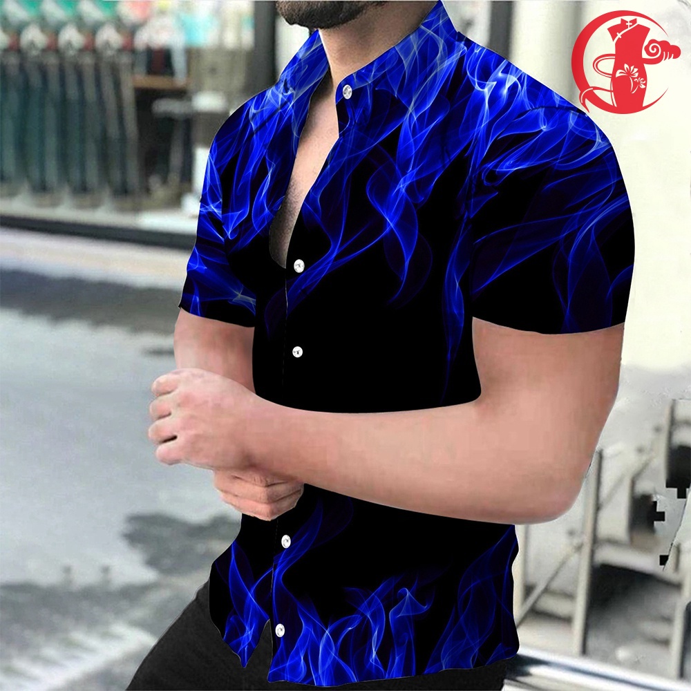 2024 New Style Gradient Flame Pattern Men's Short-Sleeved Shirt HD ...