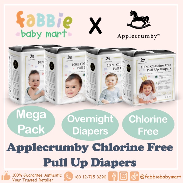 Applecrumby Chlorine Free Premium Overnight Baby Pull Up Diapers M / L / XL / XXL [SINGLE PACK