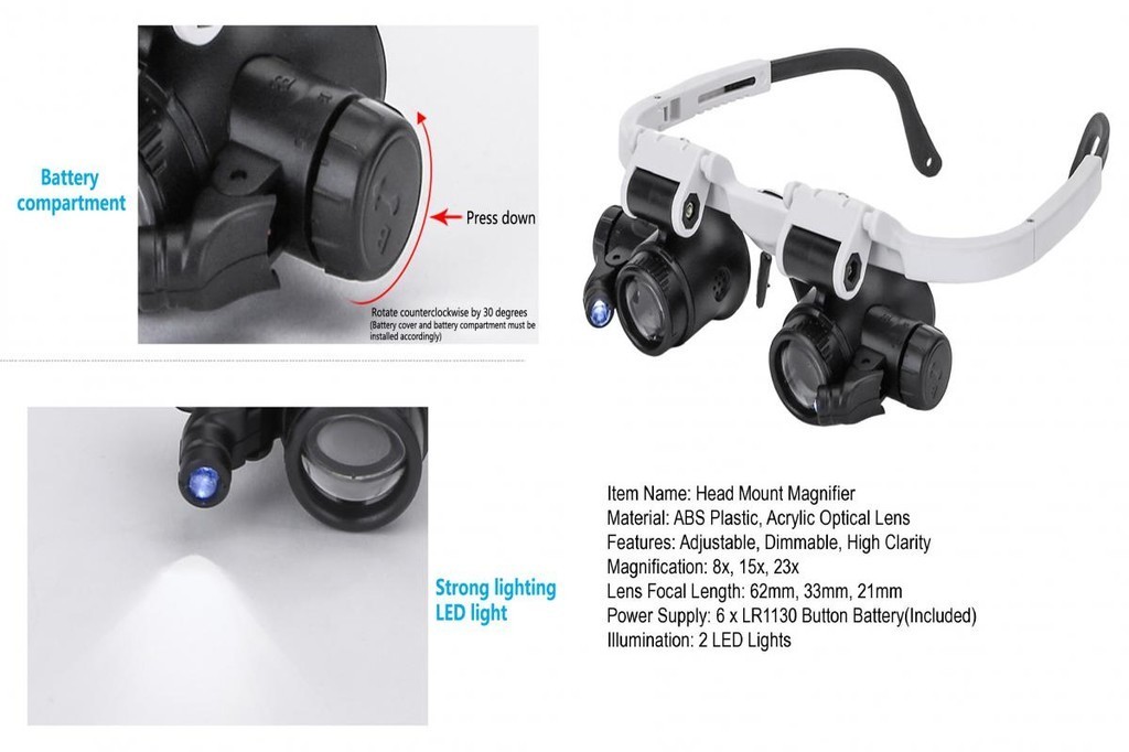 SUN_ 1 Set Head Mount Magnifier 2 LED Lights Adjustable Dimmable 8/15