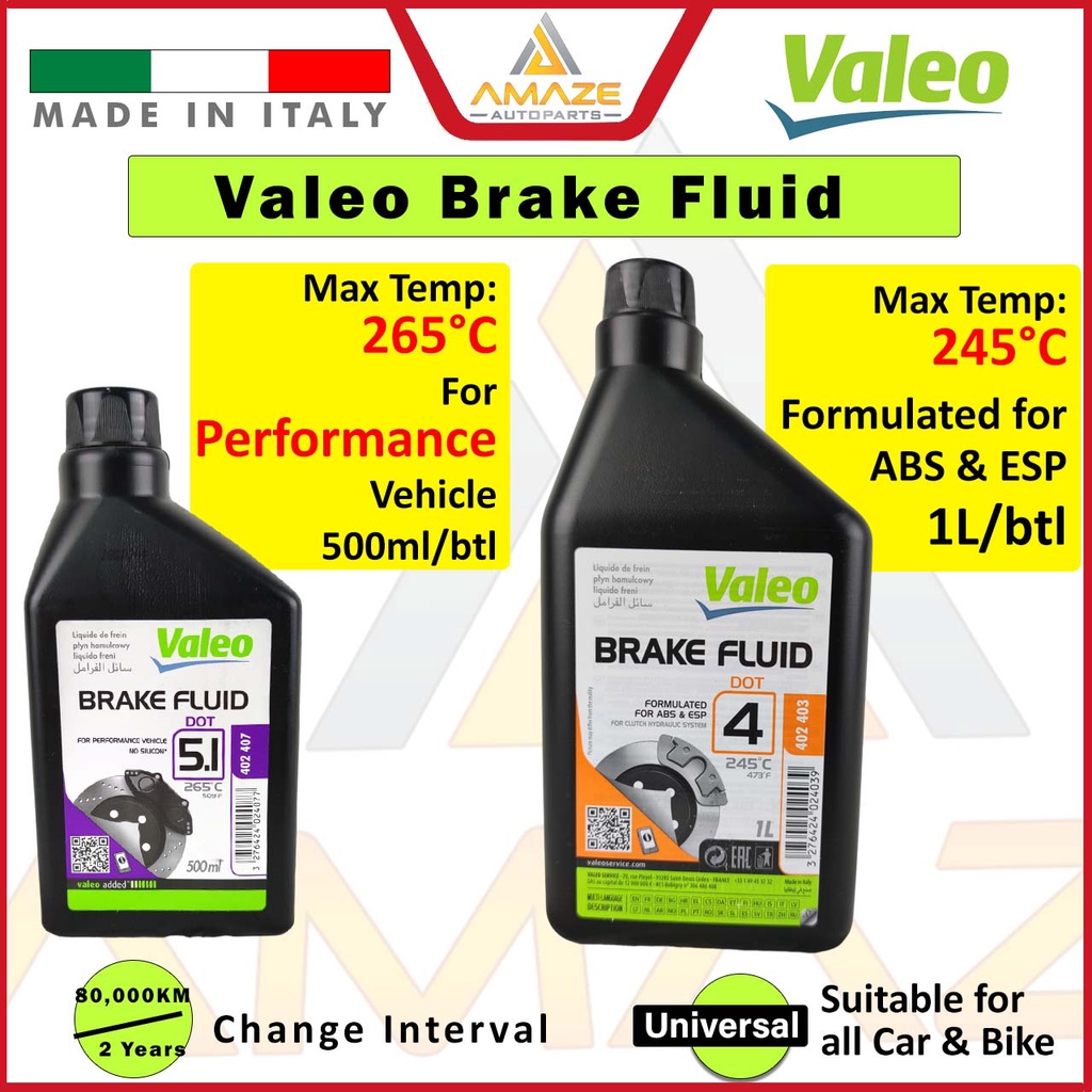 Valeo Brake Fluid Dot 4 (1L/btl) Dot 5.1 For Performance Vehicle (0.5L/btl) made in Italy [Amaze