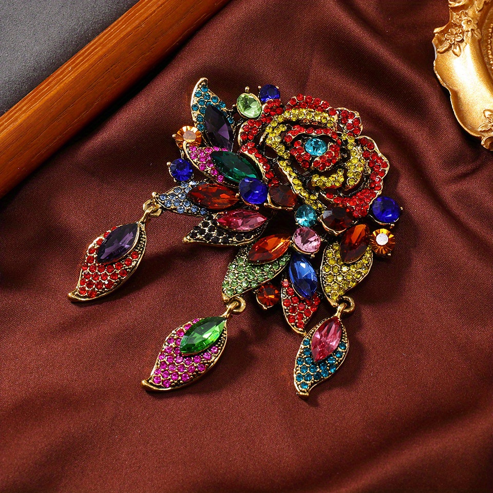 Gold Tone Fashion Pink Flower Rose Woman Brooch Pin Corsage Rhinestone