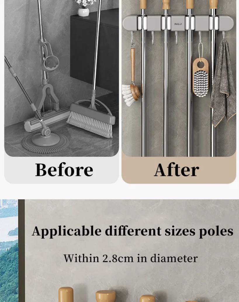 Punch-free Mop Holder Multifunctional Wall-Mounted Broom Storage Rack ...