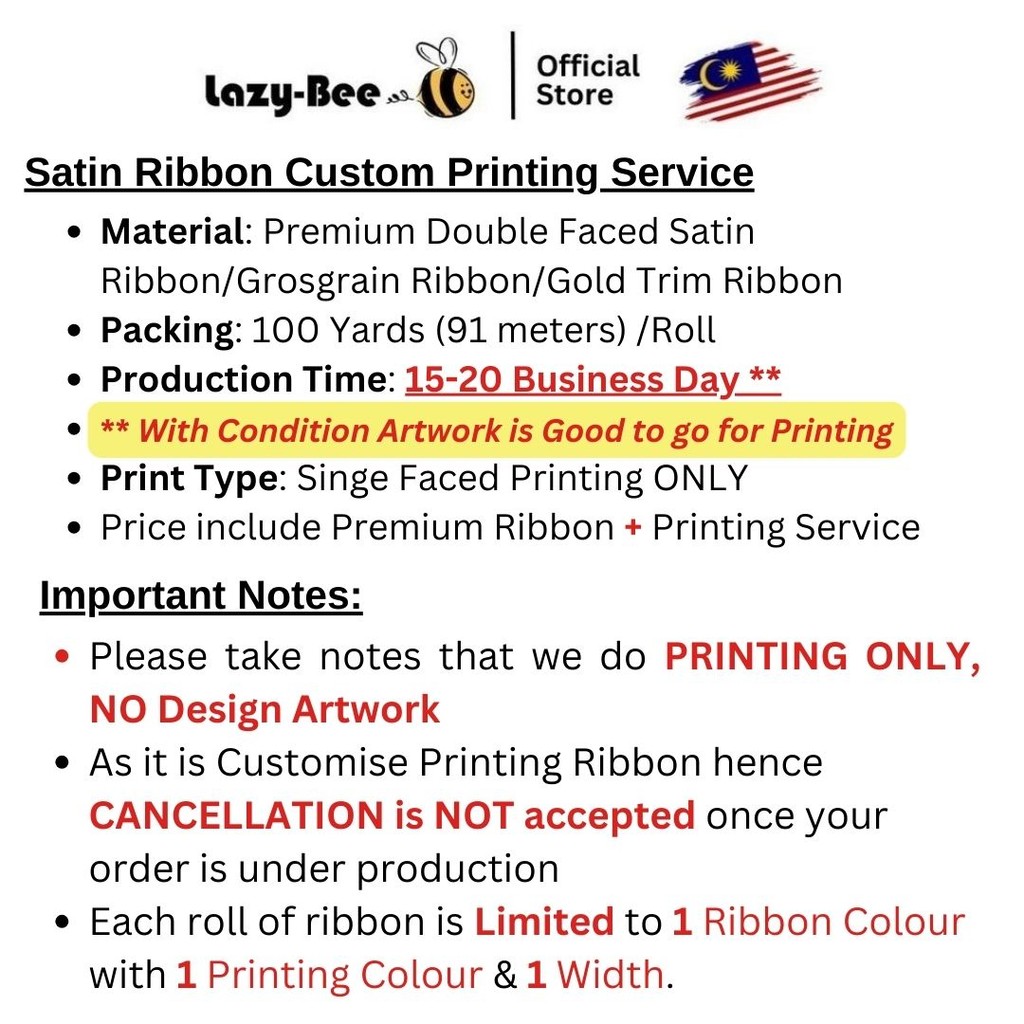 LAZY BEE 100 yards Customize Personalized Print Premium Satin Ribbon ...