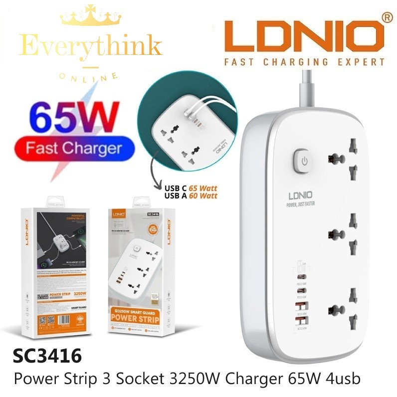 LDNIO SC3416 EXTENSION POWER STRIP 3 UNIVERSAL SOCKET 2 X USB C 65W + 2 ...