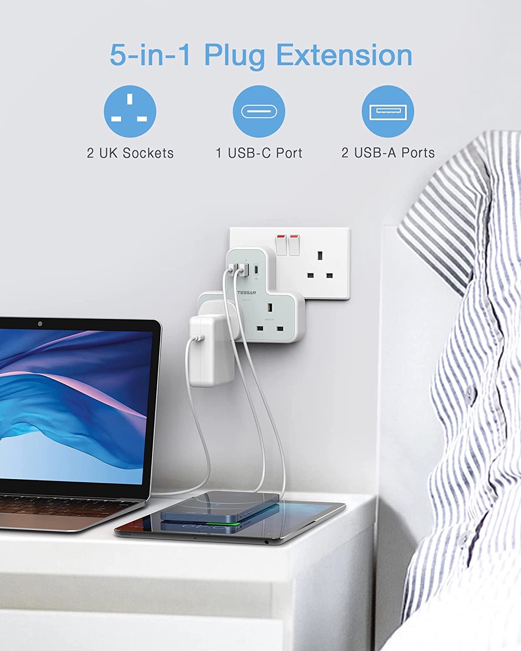 TESSAN Extension Plug with USB C Charger, Wall Socket Plug Adaptor with ...