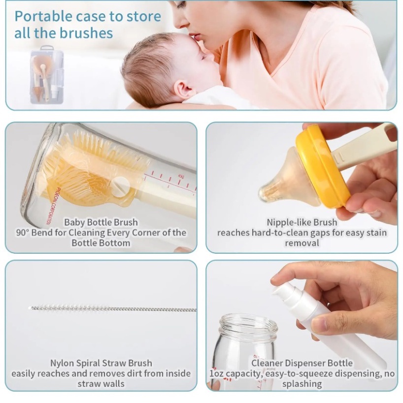 In Travel Baby Bottle Brush Set 360° Silicone Straw Brush with