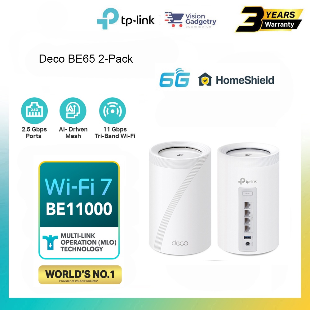 TP-Link Deco BE65 BE11000 Whole Home Mesh WiFi 7 System Tri-Band 