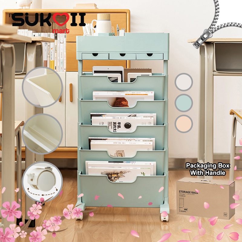 SKOI 5 Tier Movable Book Storage Rack With Drawers Multifunctional ...
