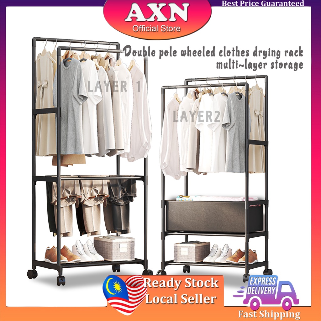 Axn Double pole wheeled clothes drying rack multilayer storage clothes