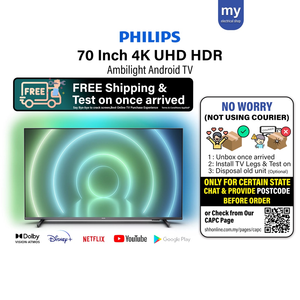 Philips 70 Inch 4K UHD HDR Ambilight Android TV 70PUT7906