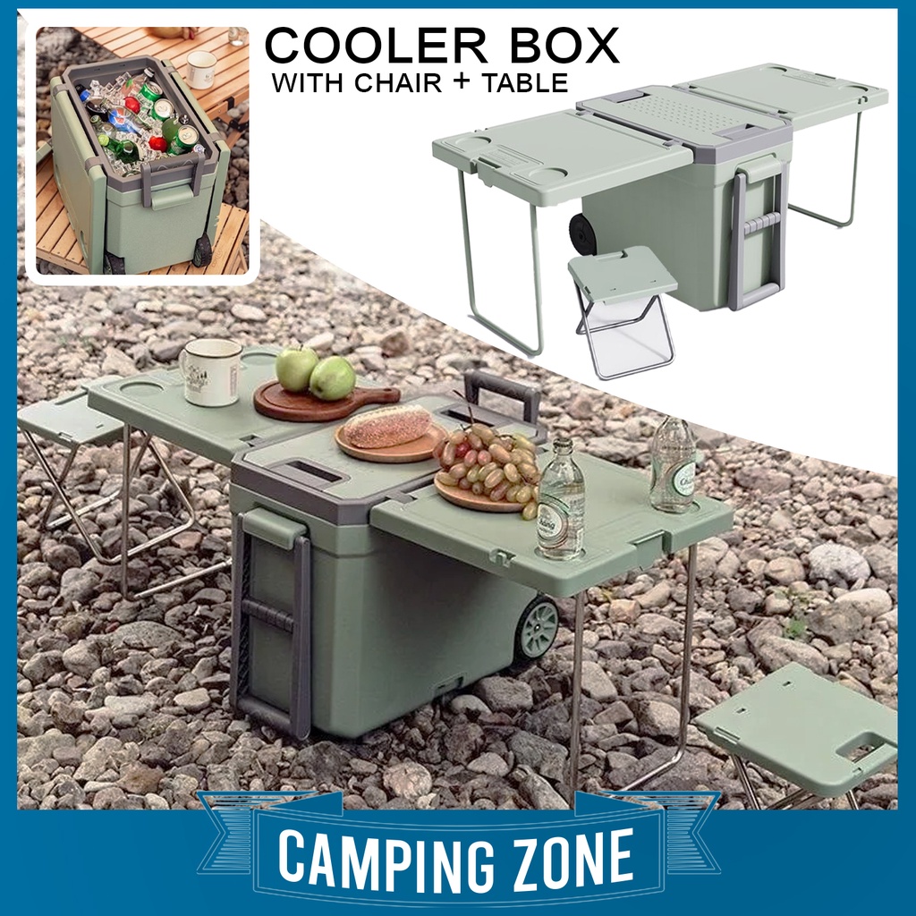 32L Ice Box Camping Cooler Box With Wheel Chair Table Kotak Ais Batu Outdoor Fishing Picnic