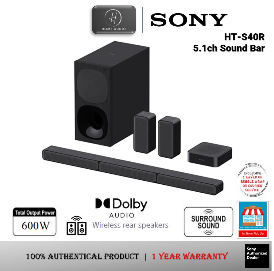 Sony HT-S40R 600W 5.1 Channel Bluetooth Dolby Audio Soundbar System - Black  for sale online