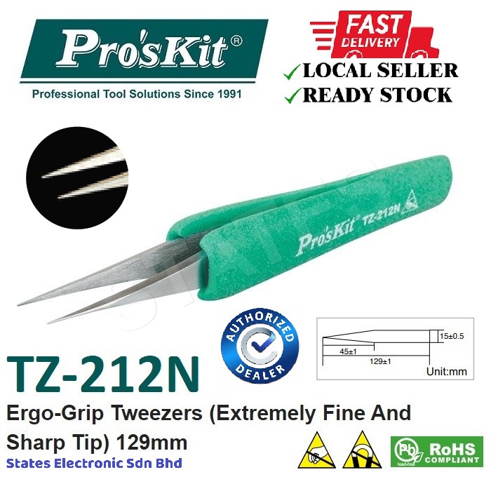 Pro'sKit TZ-212N ESD Safe Extremely Fine and Sharp Tip Tweezer - 129mm ...