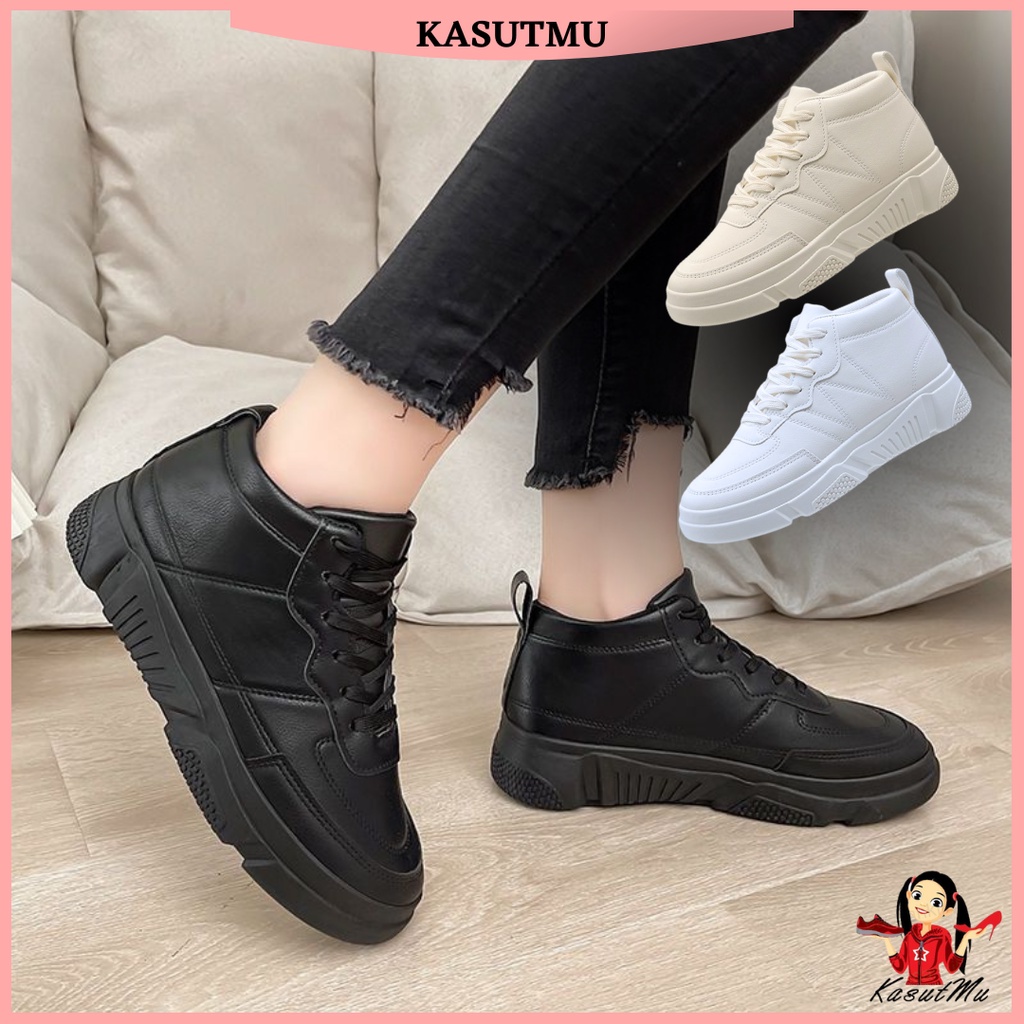 KASUTMU Women's Sneaker Highcut Full Black Simple Student Casual Shoes ...