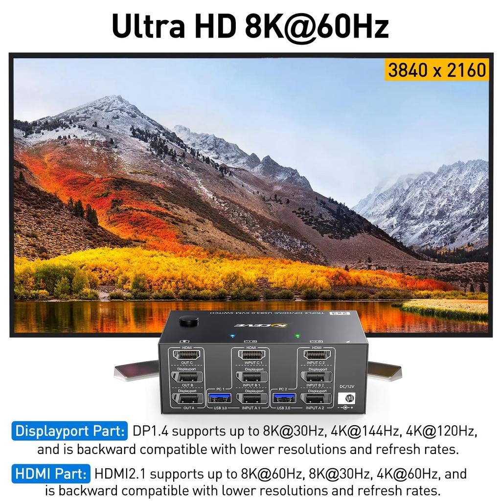 Commutateur KVM 3 PC 3 Moniteurs 8K@60Hz 4K@144Hz HDMI + 2 DisplayPort - Triple Écran USB 3.0 Avec Alimentation