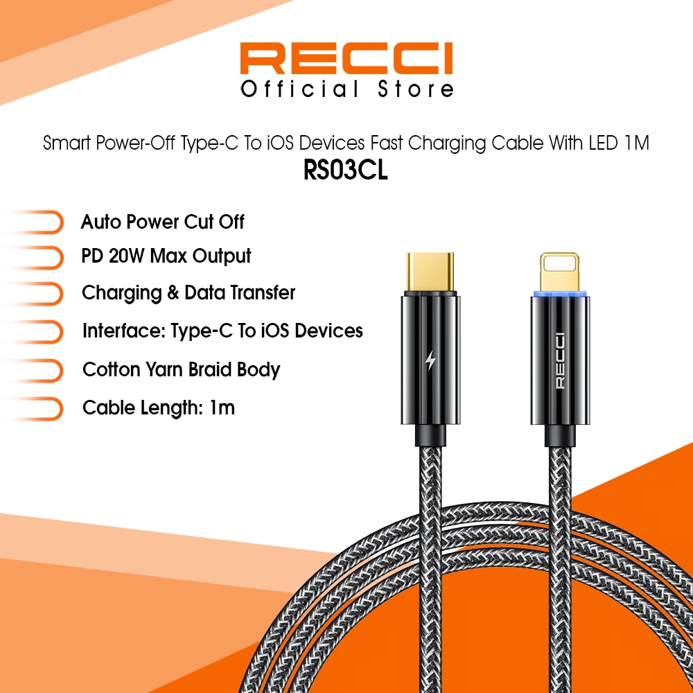 RECCI Smart Power-Off Fast Charging Cable With LED (1M) RS03 | Shopee ...