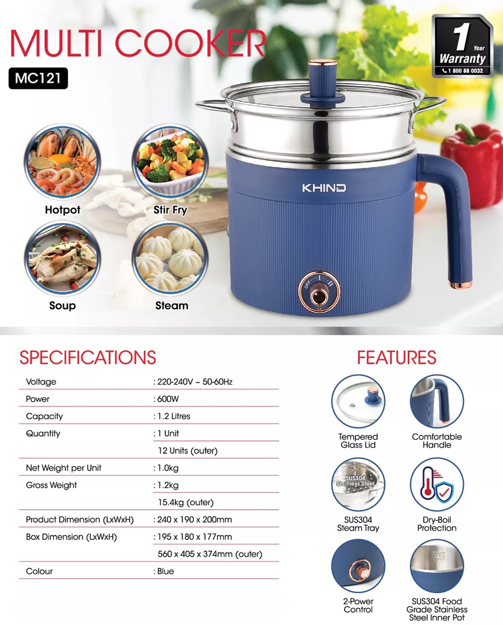 Khind Multi Cooker MC121 Stainless Steel Steamer Hotpot Steam Soup