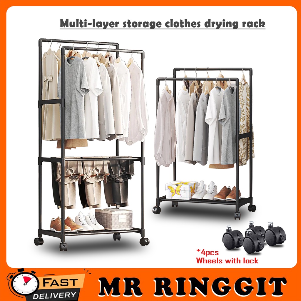 Mr Ringgit Shop Double pole wheeled clothes drying rack multilayer