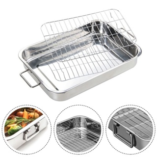 Stainless Steel Deep Roasting Tray Oven Pan Grill Rack Baking Roaster Tin  Tray