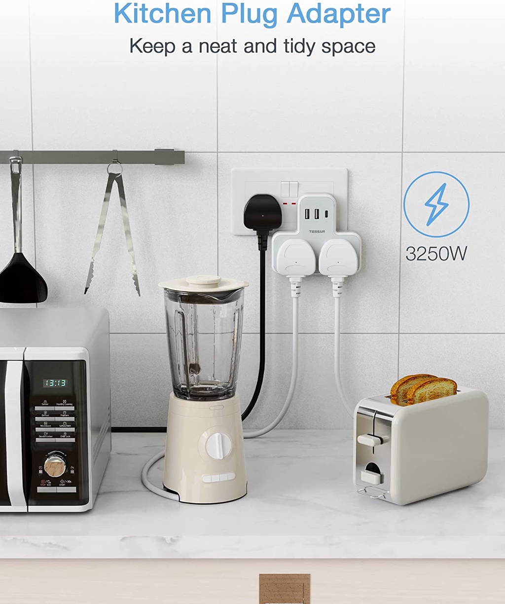 TESSAN Extension Plug with USB C Charger, Wall Socket Plug Adaptor with ...