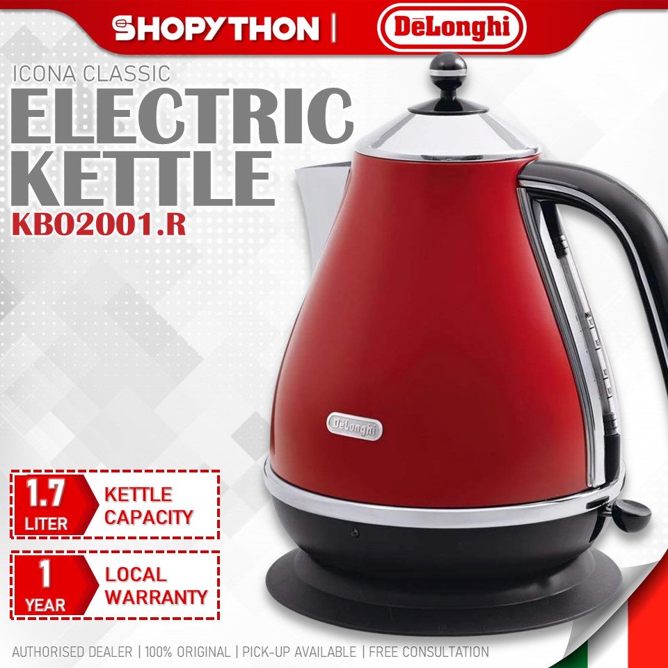 DELONGHI Icona Classic KBO2001.R Scarlet Red 1.7L 2000w Stainless Steel Electric Kettle Cordless Pemasak Air Panas