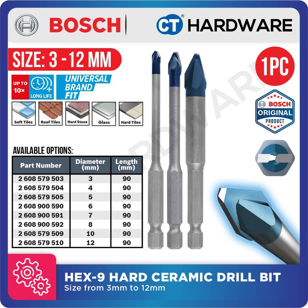 BOSCH HEX-9 HARD CERAMIC TILE DRILL BIT SIZE 3 MM - 12 MM | UNIVERSAL ...