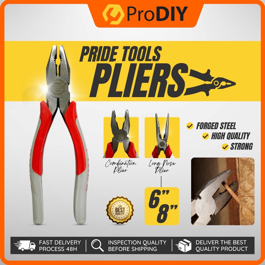 PRIDE Tools Plier Long Nose Combination Plier Hand Tool Heavy Duty 6